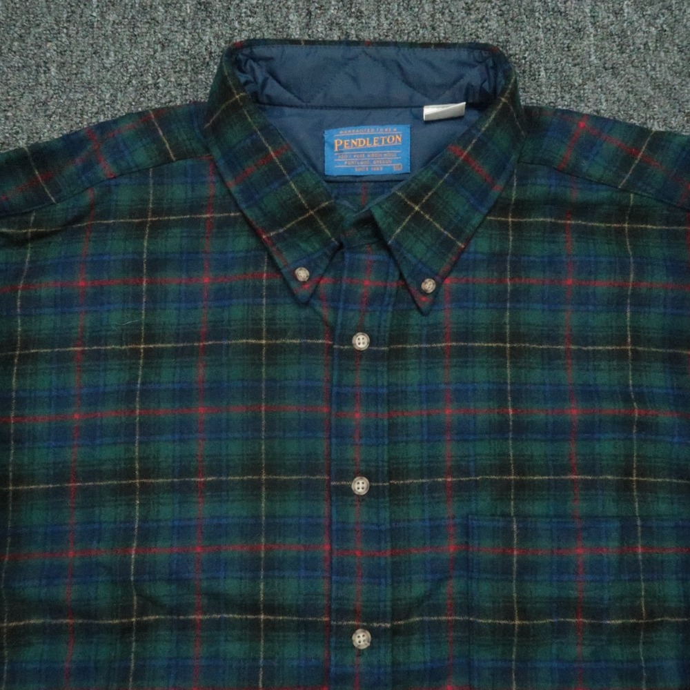 VINTAGE Pendleton Shirt Mens XL Green Blue Tartan Plaid Wool Flannel Long Sleeve - Picture 2 of 8